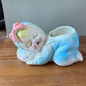 Charming Vintage Ceramic Baby Figurine with Pink Bow